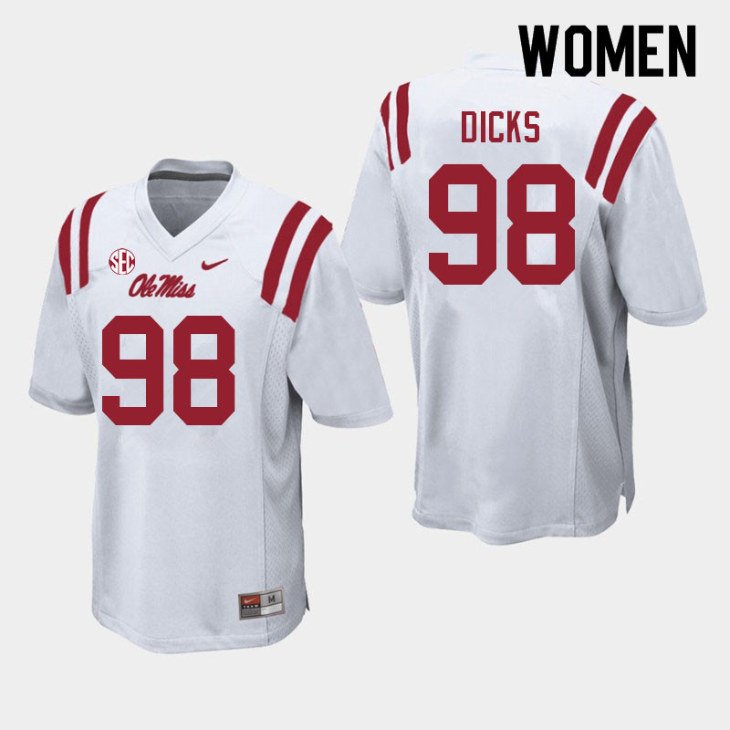 Women #98 Jaden Dicks Ole Miss Rebels College Football Jerseys Sale-White - Click Image to Close